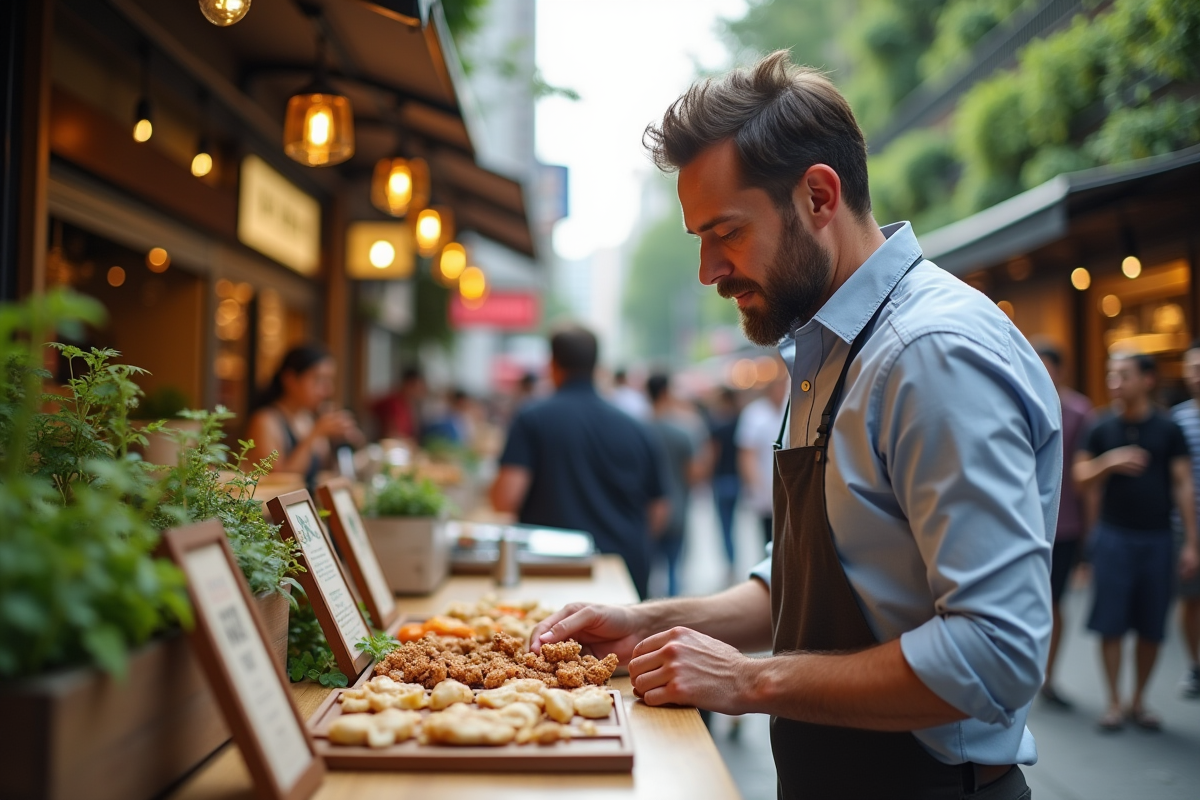 Homme examine snacks innovants au marché urbain