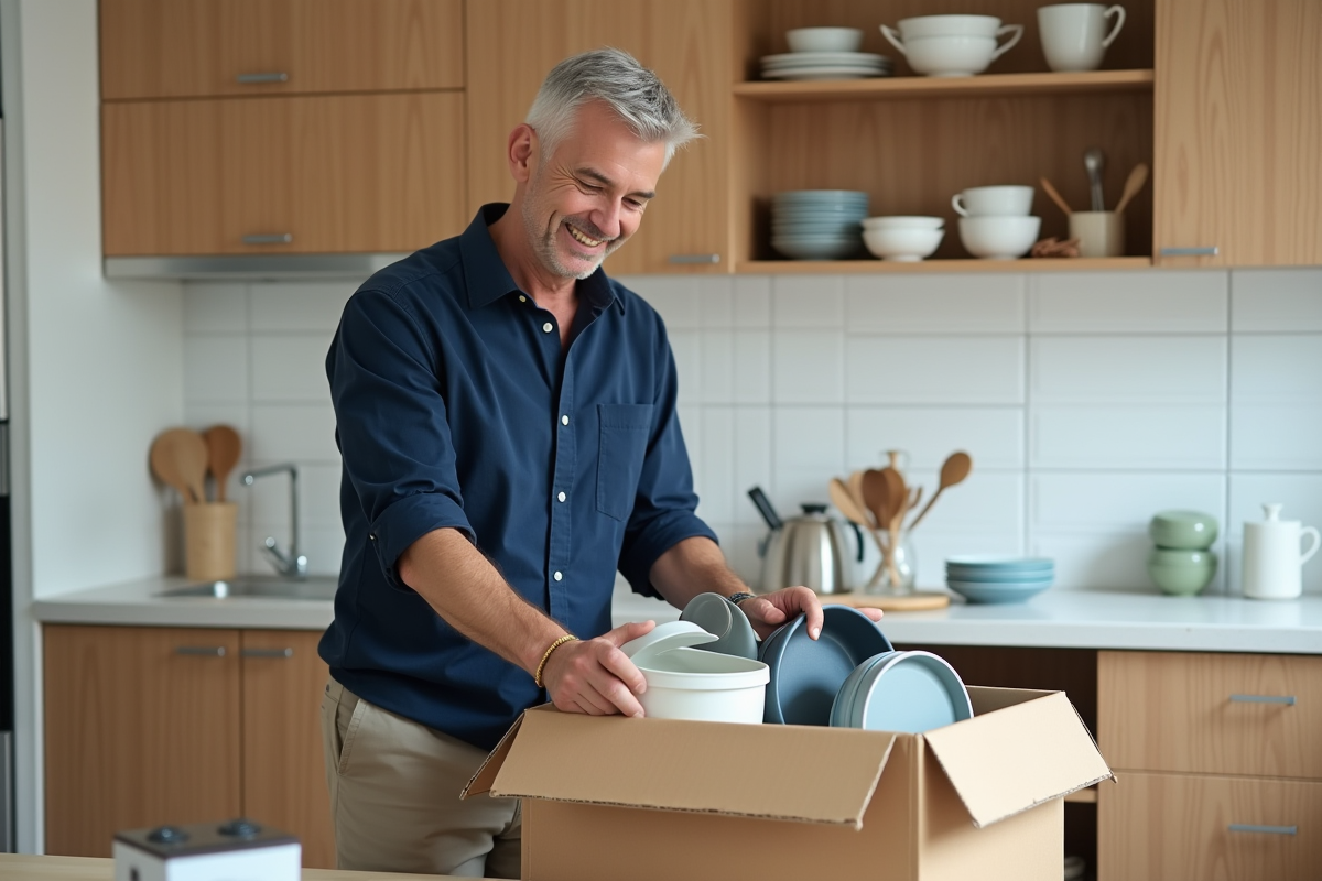 Homme triant de la vaisselle dans une cuisine lumineuse