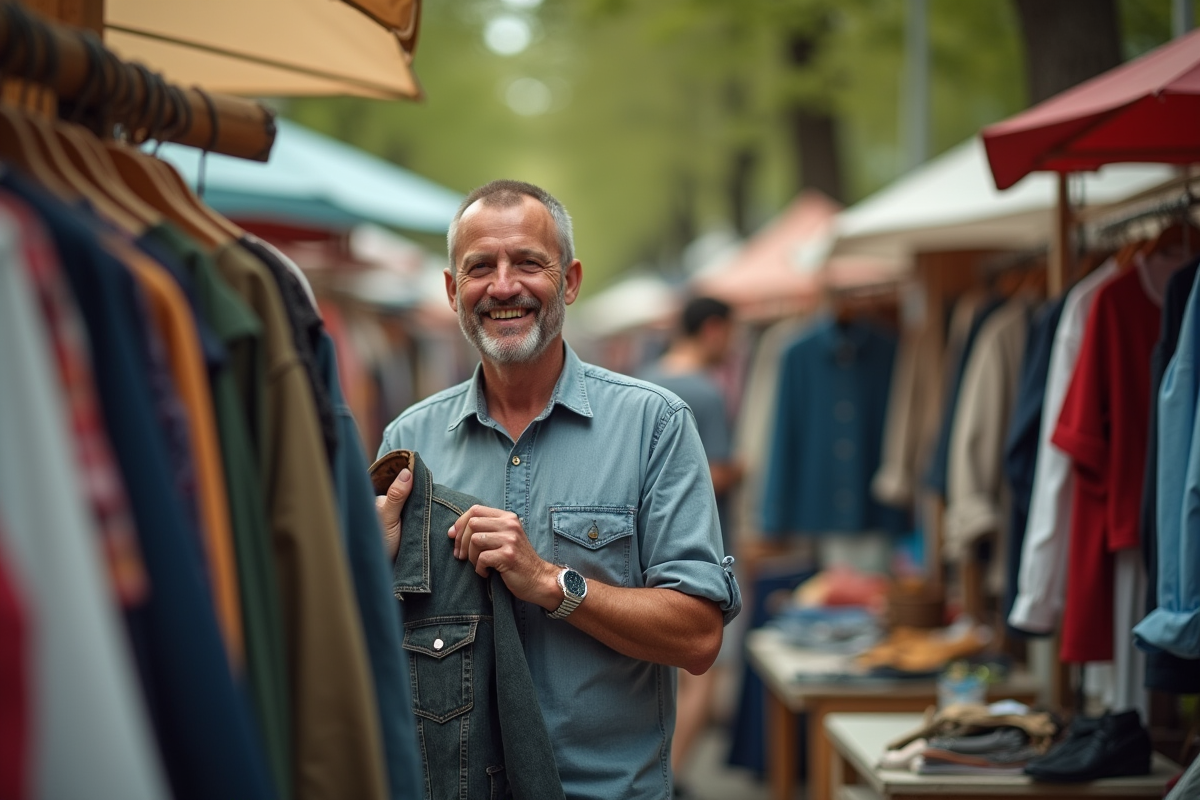 Homme vendant un manteau dans un marché aux puces en plein air