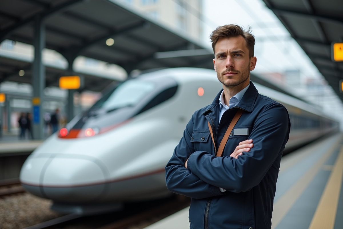 Jeune conducteur de train devant un train moderne en gare