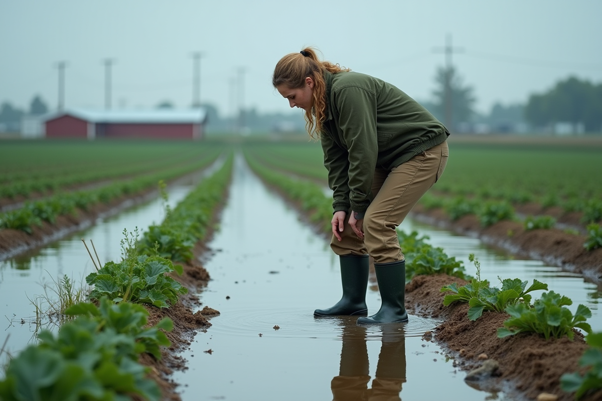 Jeune femme inspectant des cultures inondées après tempête