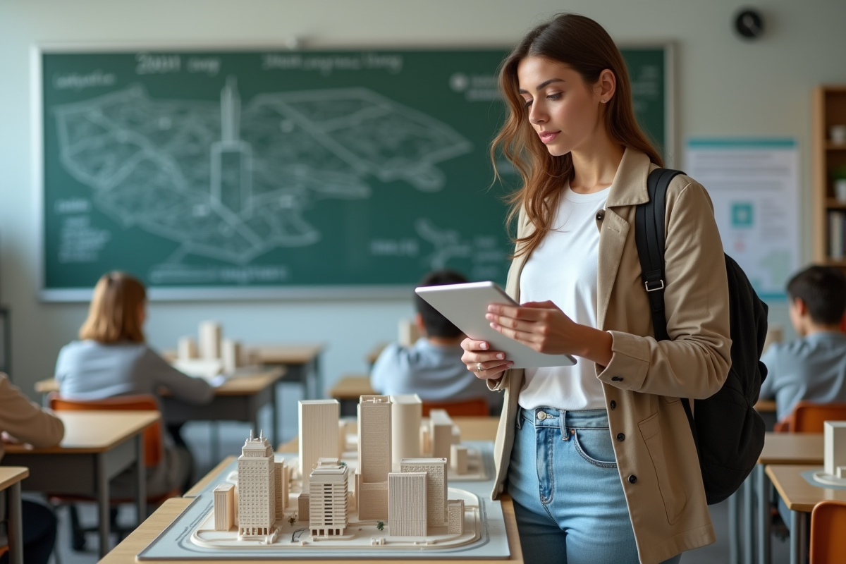 Jeune femme avec maquette de ville dans une classe moderne