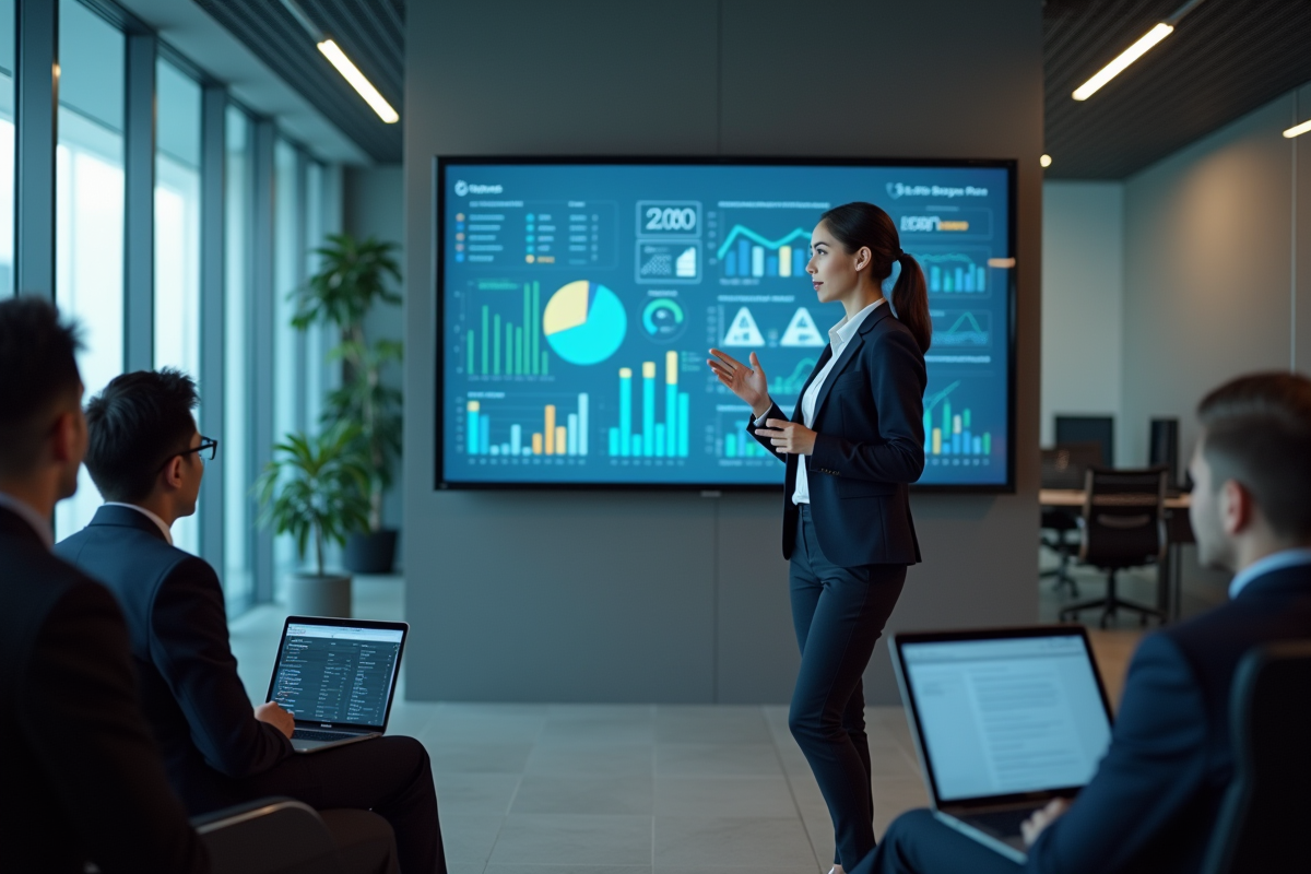 Jeune femme expliquant des graphiques interactifs
