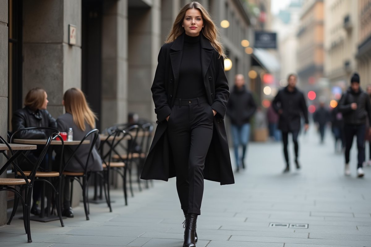 Style tout en noir : dénomination et caractéristiques du look monochrome