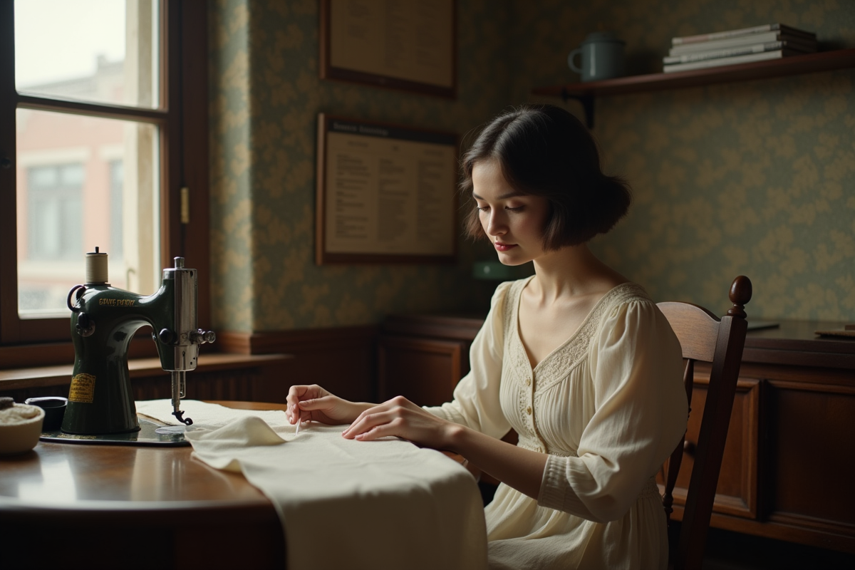 Jeune femme cousant dans un intérieur des années 1920