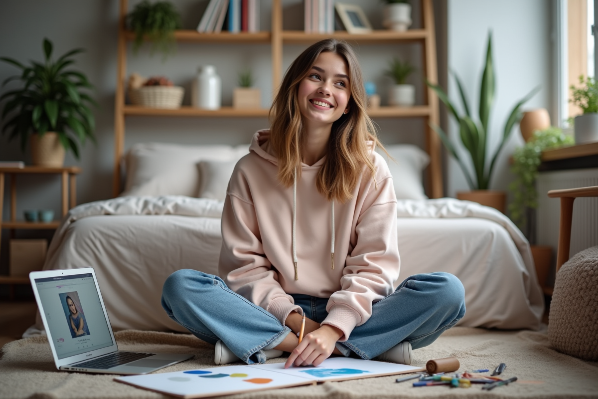 Jeune femme dessinant dans une chambre cosy et moderne