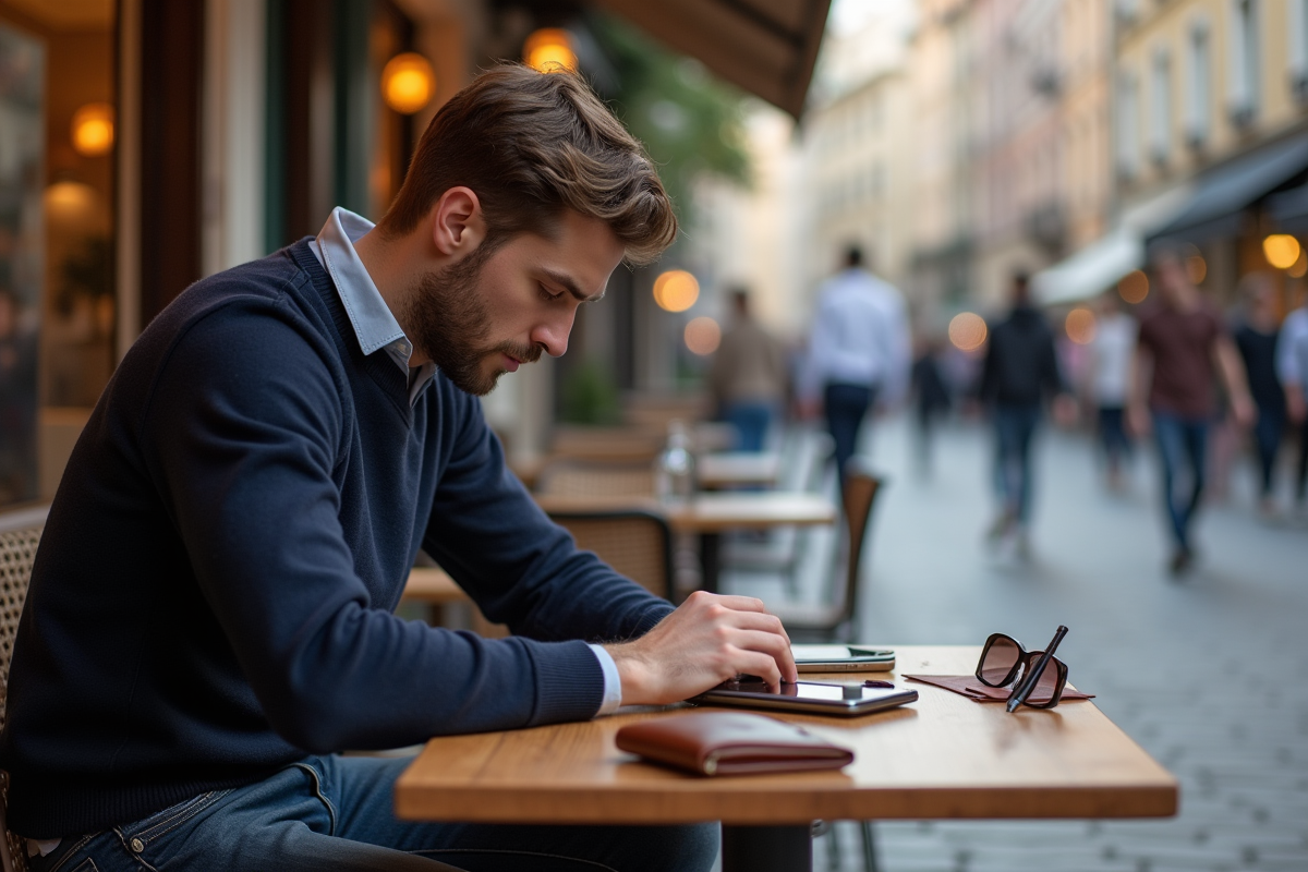 Jeune homme organisant ses accessoires dans un café européen