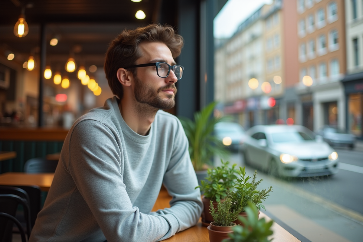 Jeune homme regardant par la fenêtre dans un café urbain