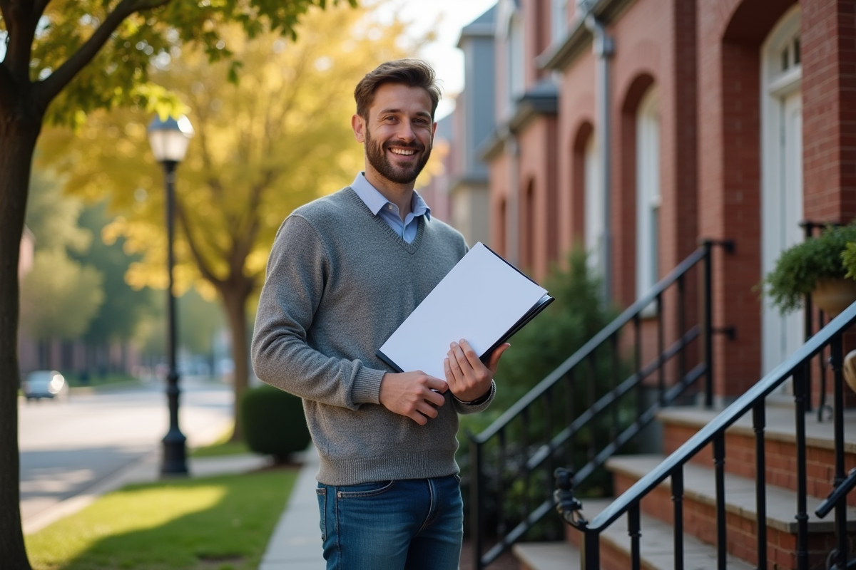 Jeune homme souriant devant une maison en briques