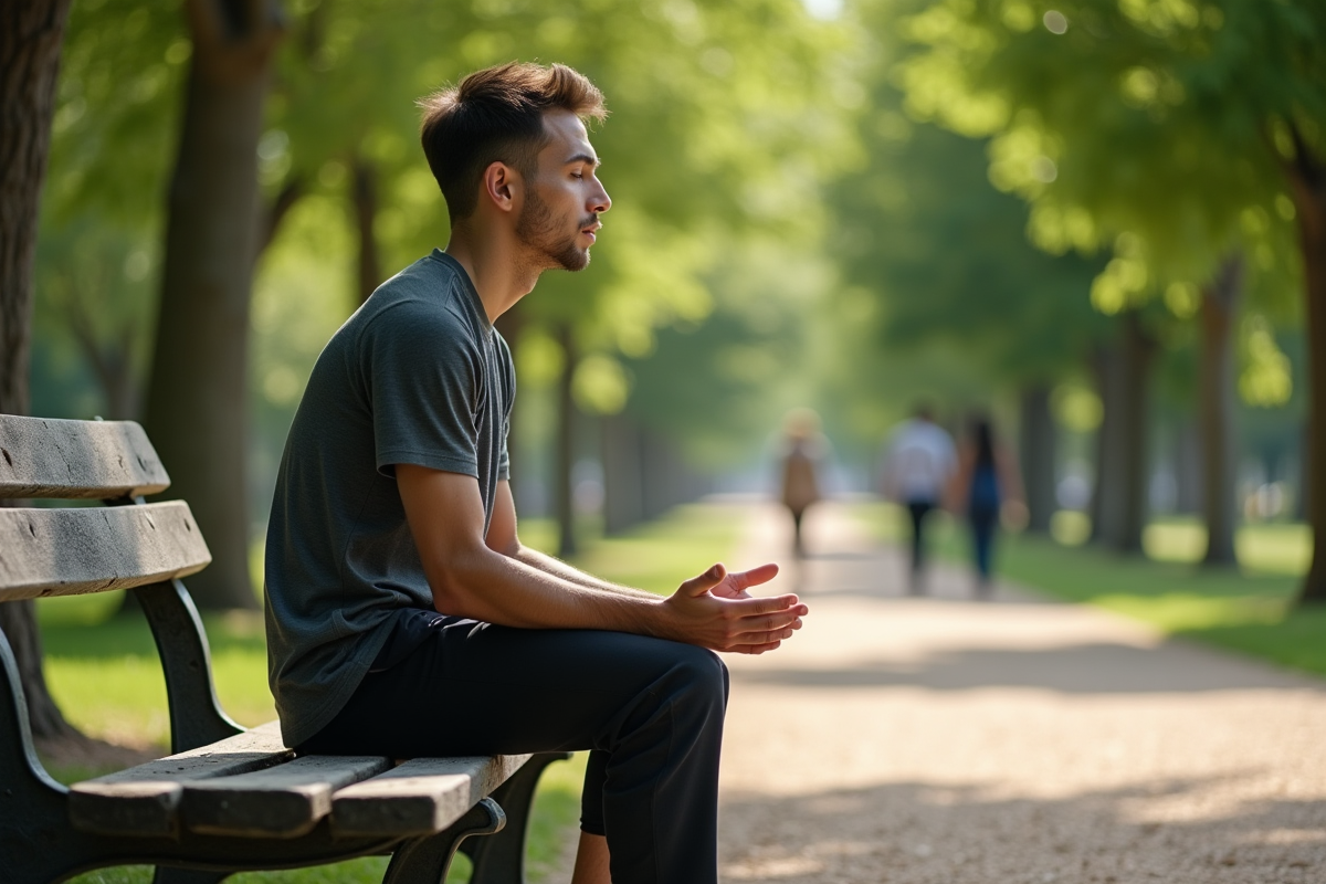 Jeune homme en pleine méditation dans un parc