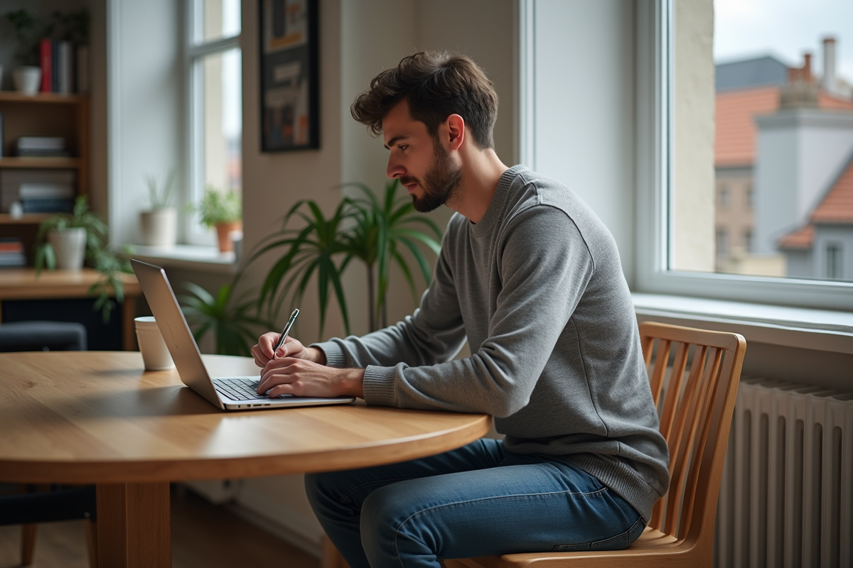 Jeune homme prenant des notes devant son ordinateur dans la cuisine