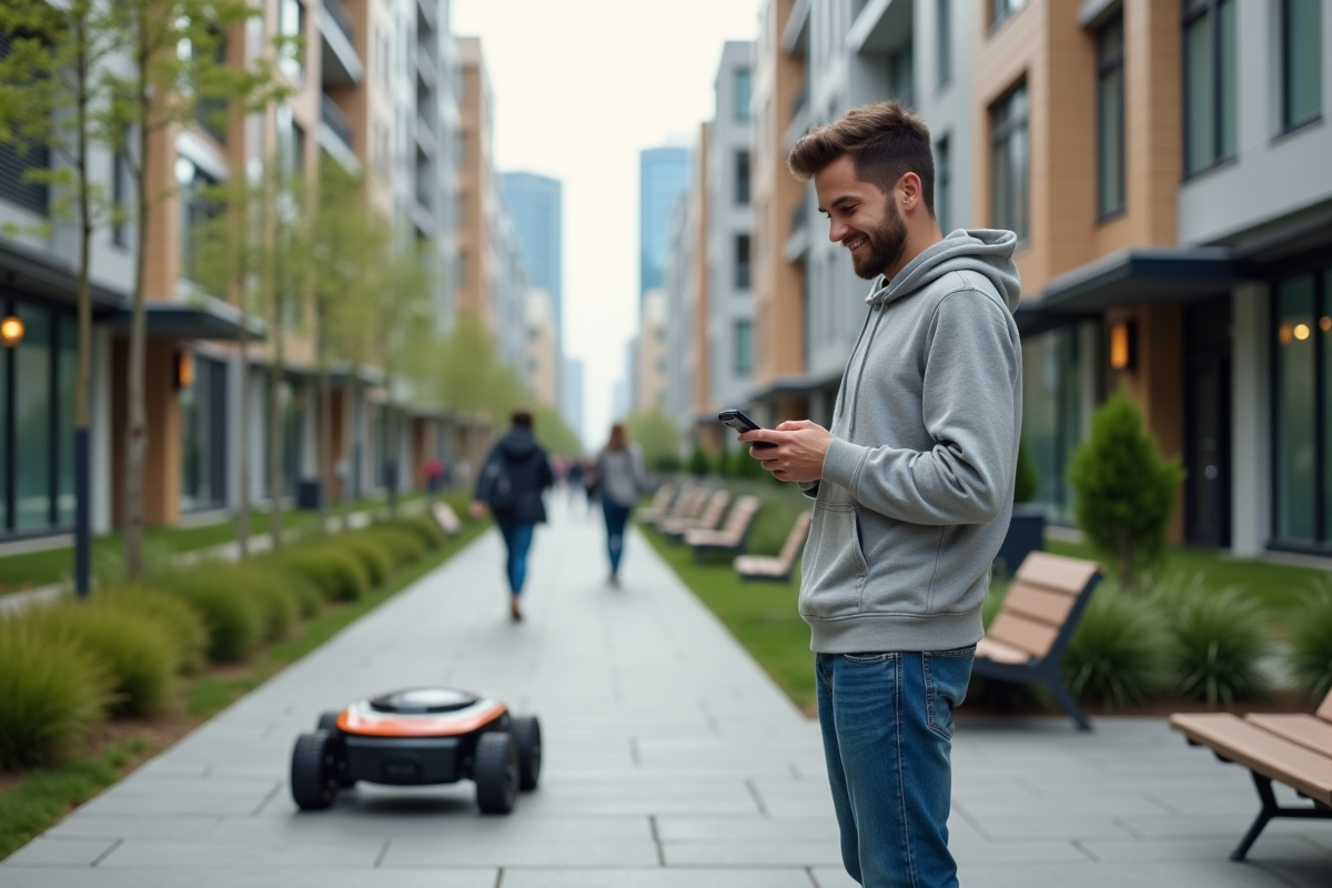 Jeune homme utilisant son smartphone pour contrôler une tondeuse robot dans la ville