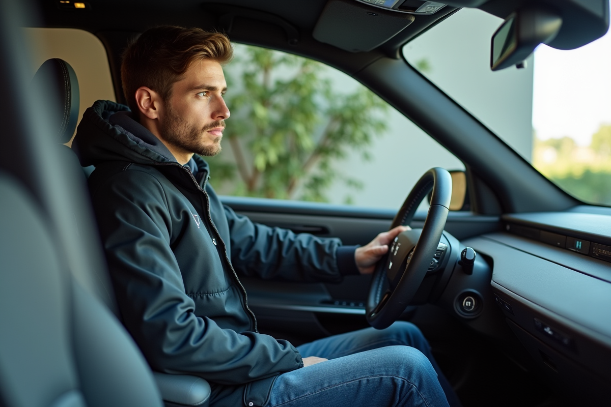 Jeune homme dans une voiture à hydrogène en station de recharge