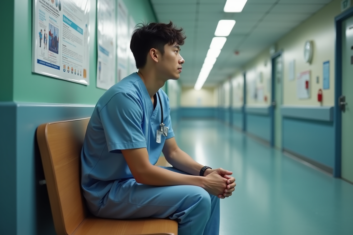 Jeune homme en uniforme d infirmier assis dans un couloir d hôpital