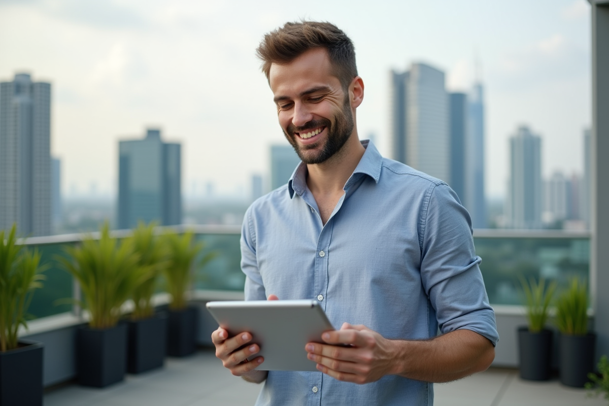 Jeune homme souriant utilisant une tablette en terrasse urbaine