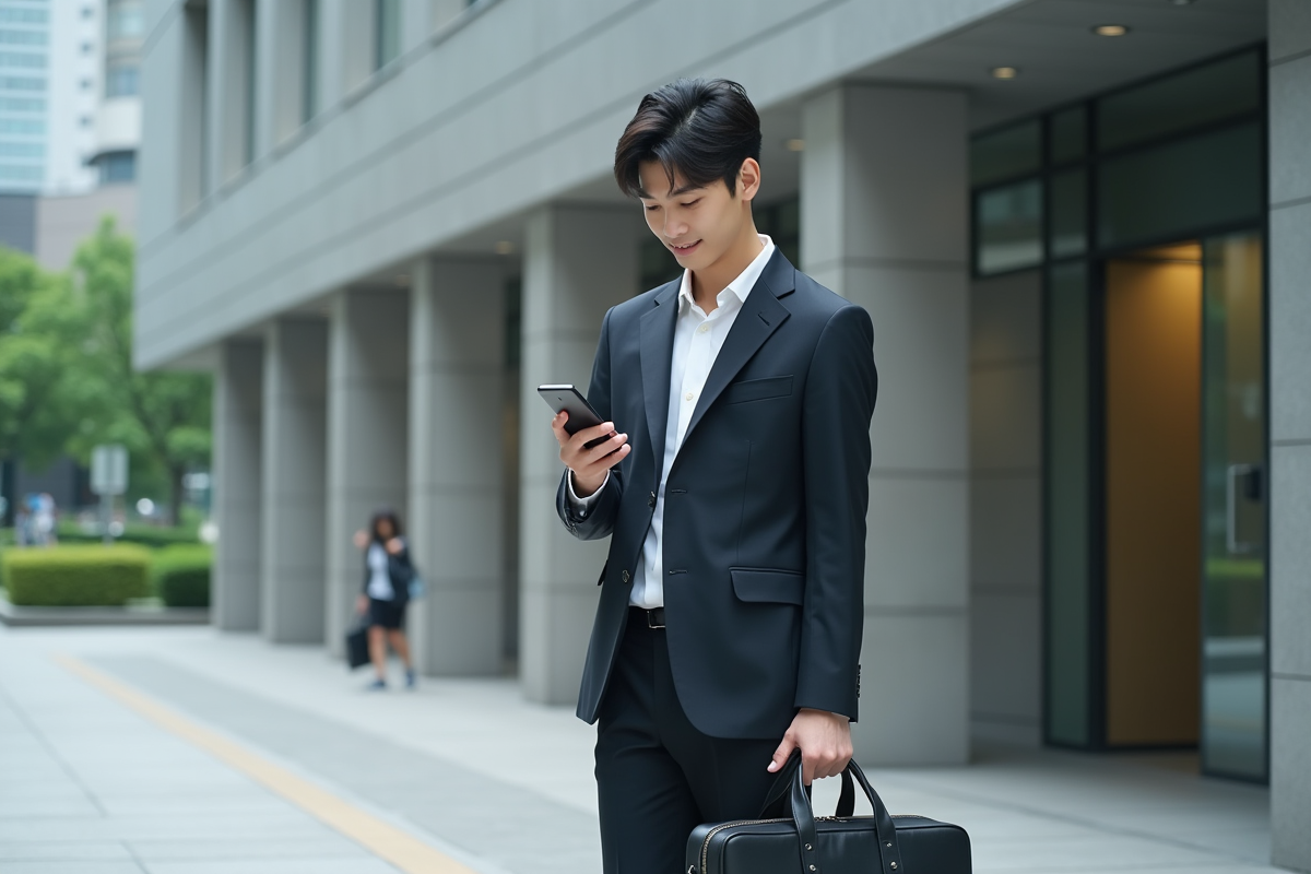 Jeune professionnel japonais avec smartphone devant bâtiment moderne