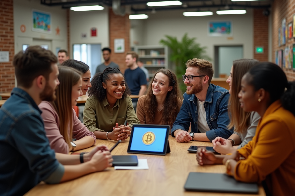 Groupe de jeunes discutant de la cryptomonnaie en centre communautaire