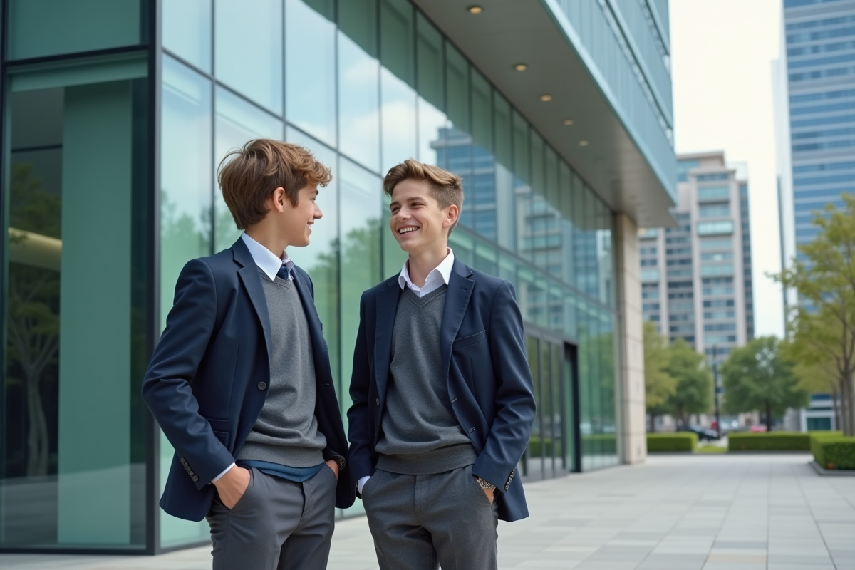 Deux adolescents en uniforme dans une ville moderne