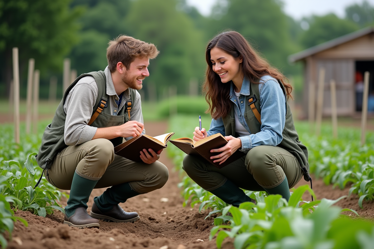 Deux jeunes chercheurs agricoles notant dans un carnet