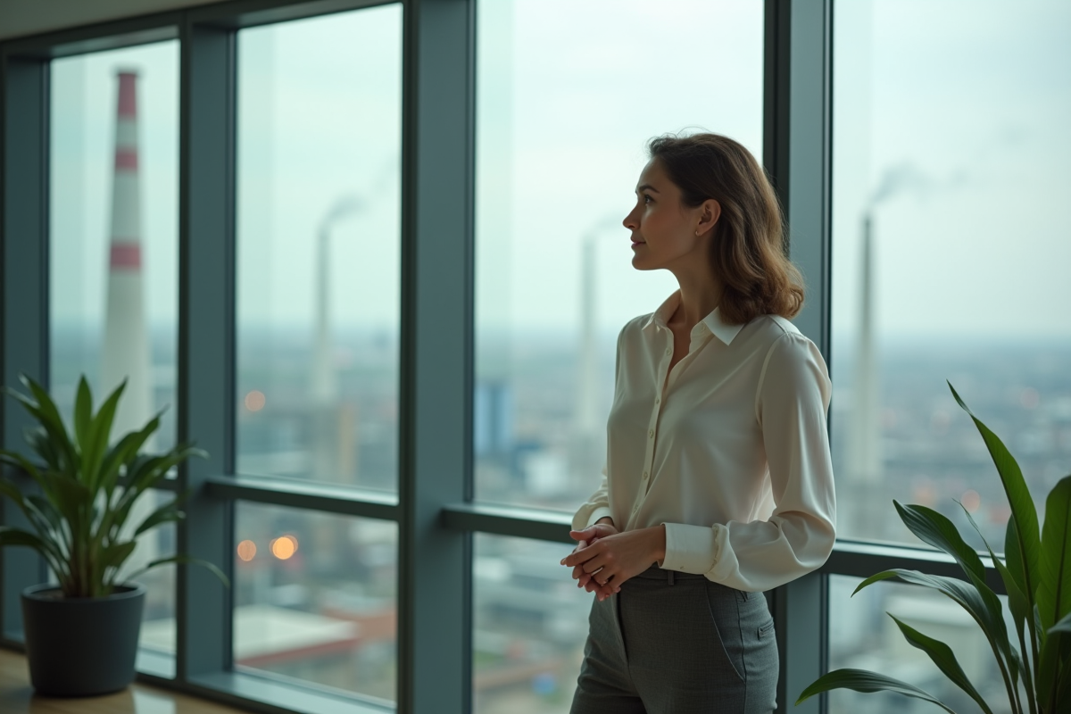 Jeune femme gestionnaire dans un bureau industriel avec cheminée en arrière-plan