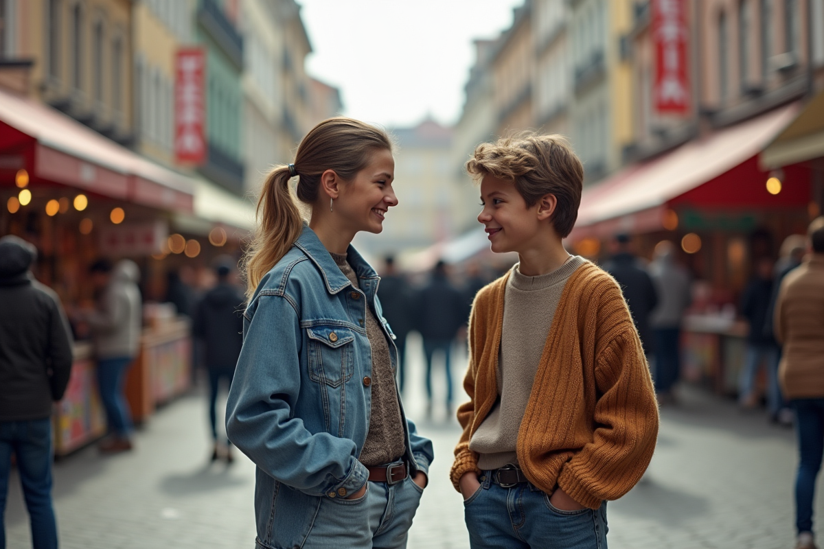 Adulte et adolescent comparant des tenues dans un marché urbain