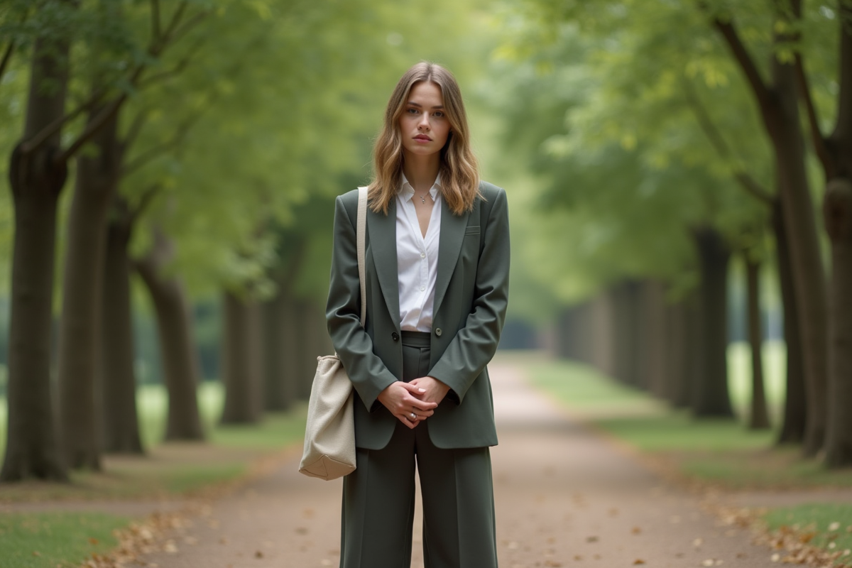 Homme nonbinaire en costume décontracté dans un parc feuillu