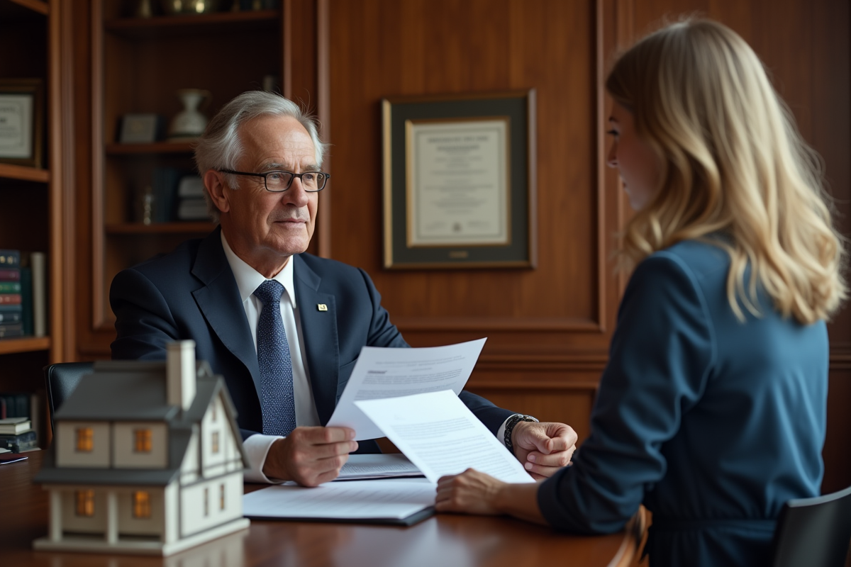 Notaire expliquant des papiers à un jeune acheteur dans un bureau élégant