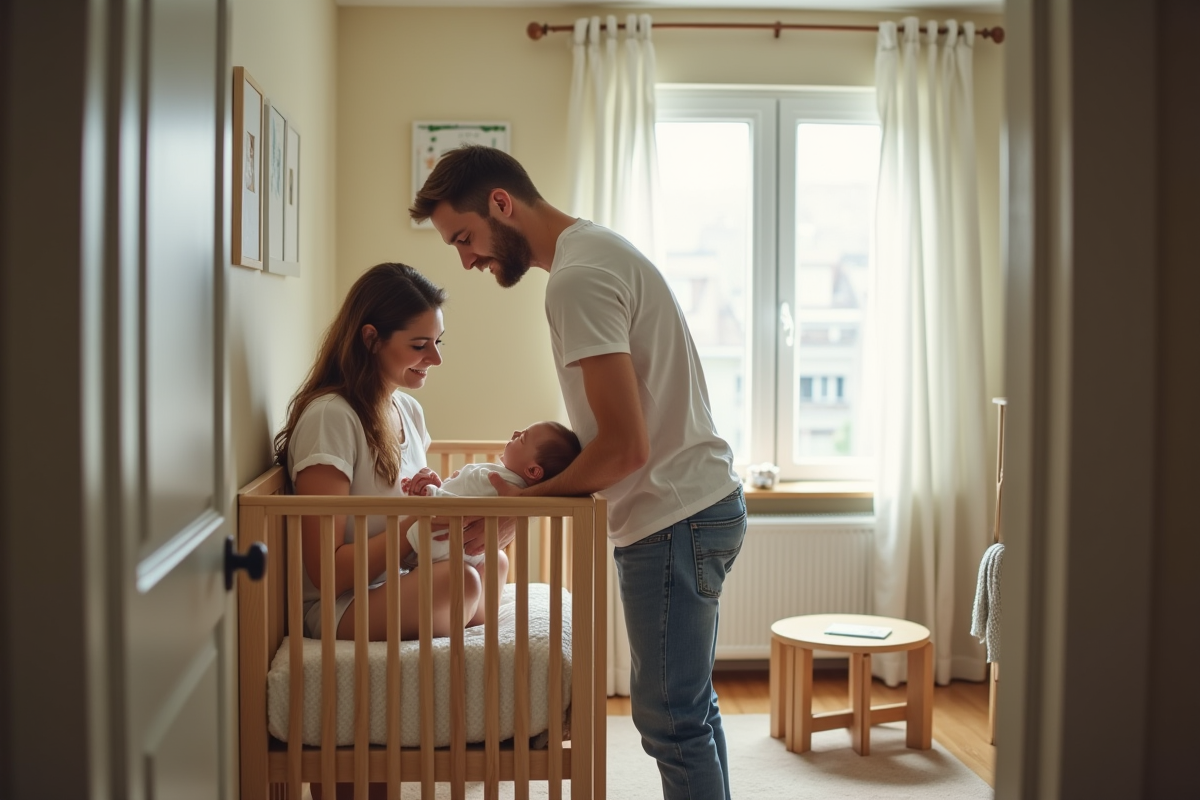 Papa regardant sa partenaire et leur bébé dans la nurserie