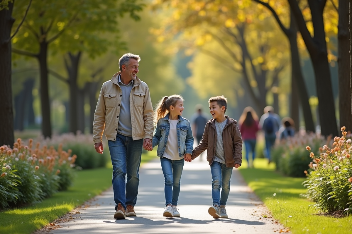 Père seul avec ses enfants dans un parc urbain en promenade