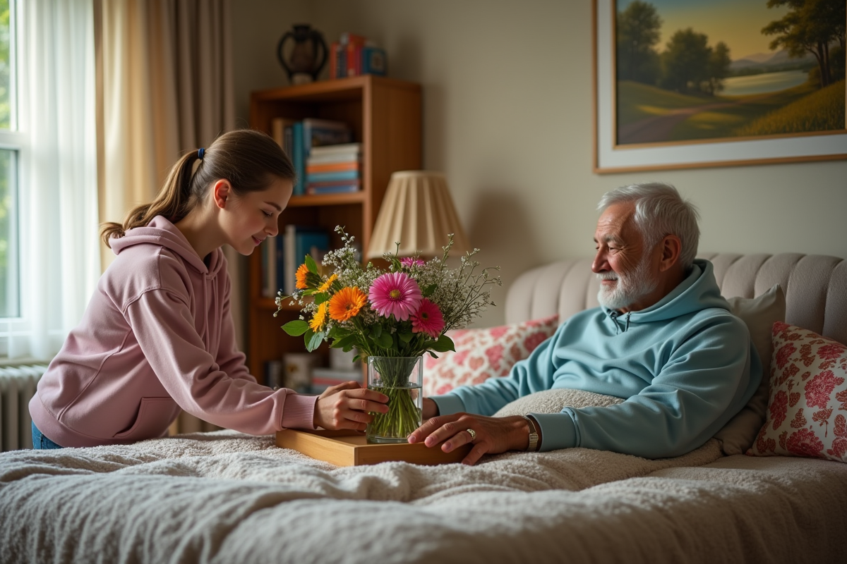 Jeune fille ajustant un bouquet coloré près de son grand-pere allongé dans le salon