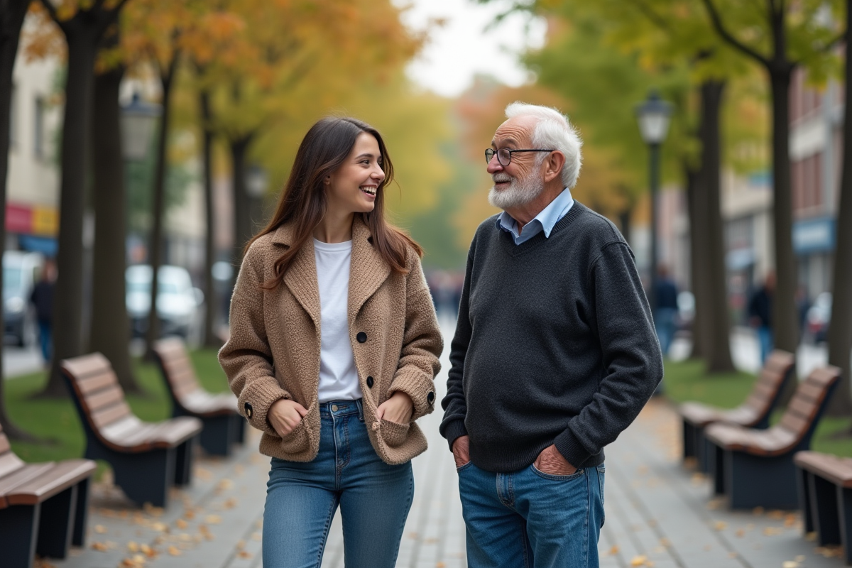 Jeune femme et homme âgé souriant en extérieur